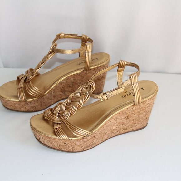Kate Spade Gold Leather Wedge Sandals Size 6. Gold Metallic Leather Braided - Picture 3 of 7
